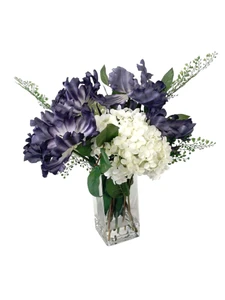 Antique Blue with Cream Roses and Freesia in Square Glass Vase