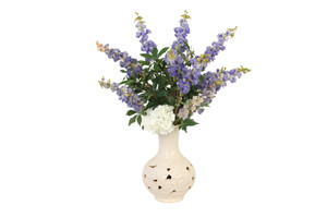 Blue Delphiniums in White Cloud Vase