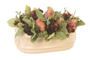 Cocoa Fruit, Pears Mixed with Berries and Phylliscens in Tan Planter