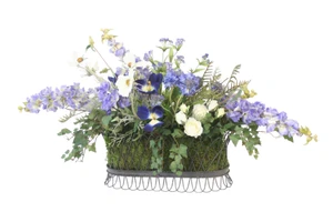 Mixed Garden Flowers, Cosmos, Delphinium Forget Me Nots in Rectangular Planter