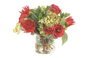 Green Hydrangea, Red Roses and Dahlia in Glass