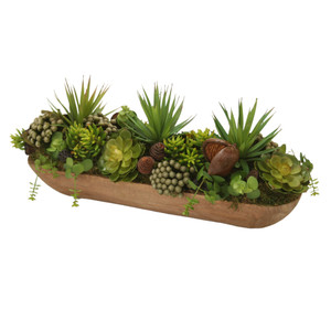 Hen and Chicken with Mixed Succulent  in Wood Bowl