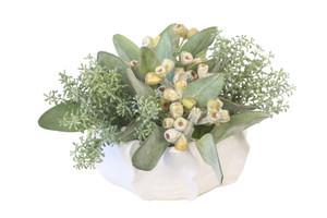 Frosted Eucalyptus Pods Mixed with Sedum in Unique White Planter