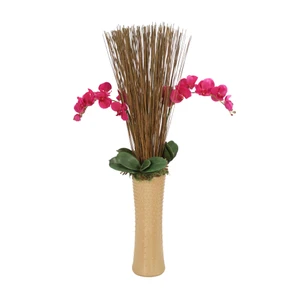 Purple Orchids with Marsh Reeds and Succulents in Nail Head Latte Brown Vase