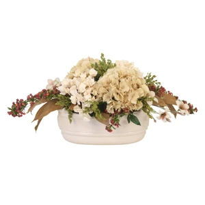 Beige Hydrangea,Berries, Astible in White Oval Stoneware Planter