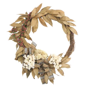 Vine Wreath of Beige Hydrangea, Wine Berry,and Tan Leaves
