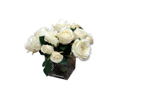 Waterlook® Cream White Peonies and Roses in Glass Square
