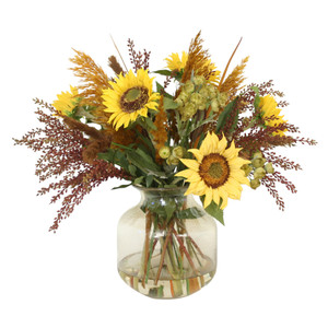 Waterlook® Wild Flowers Mixed with Sunflowers and Berries in Amber Smoke Vase