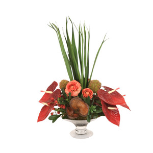 Anthuriums Mixed with Rose Hip, Ranunculus and Mixed Greens in Glass Compote