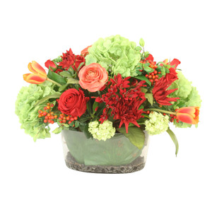 Red, Green, Orange Mixed Garden Flowers in Oval Glass