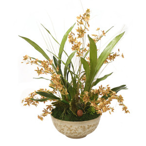 Gold Onicidium Orchid in Porcelain Bowl