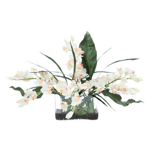 Waterlook® White Cymbidium Orchids with Leaves in Clear Vase