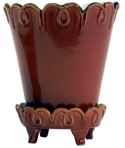 Large Floral Pot with Matching Saucer in Ox Blood (Set of 2)