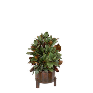 Magnolia Foliage in Wooden Barrell Container