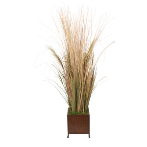 Beige Natural Fountain Grass with other Dried in Basket Weave Metal Footed Planter