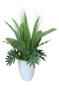 Tropical Foliage in White Fiberglass Planter