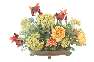 Iris, Hydrangea, and Peonies in Oval Bowl with Feet