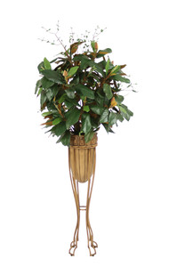 Magnolia Branches in Gold Accented Brown Planter with Iron Stand