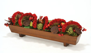 Dark Red Celosia, Red Cherry Spray, Pear Spray with Lotus Pods in Rectangular Wood Planter