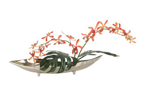 Orange Vanda Orchid with Split Philo Leaves in Silver Metal Tray