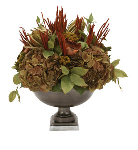 Hydrangea, Dried and Greenery in Metal Urn