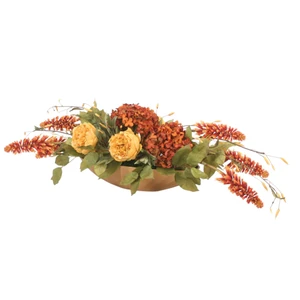 Rust And Gold Mixed Flowers In Gold Container