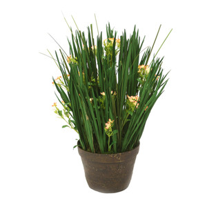Natural Blades and Grass with Yellow Wild Flowers in Stoneware Pot