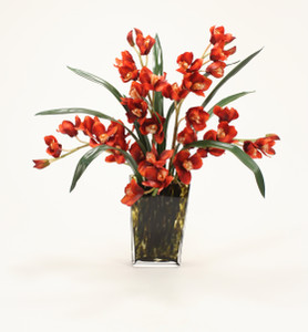 Rust Cymbidium Orchids with Foliage in Leopard-Spotted Glass Vase