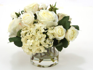 Cream-White Roses and Hydrangeas in Short Vase