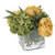 Green Hydrangea with Gold Peonies in Square Glass