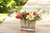 Burgundy Tulips with Celosia, Berry Stems and Cymbidium in Rectangular Vase Lined with Wood