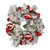 Snow Pine Wreath with Red and White Striped Ornaments and Ribbon
