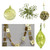 Designer Ornament Group featuring Assortment of Green Oraments Jewel Snowflakes, Glass Tear Drop Ornaments, Iridescent Ornaments, Beaded Green and Gold Ornament with Gold Square Garland