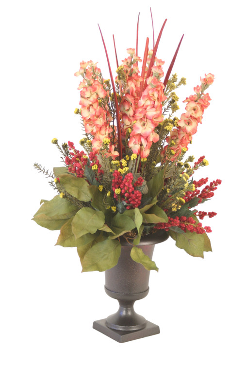 Stock, Heather, and Yellow Cotton Phylica with Salal in Classic Urn