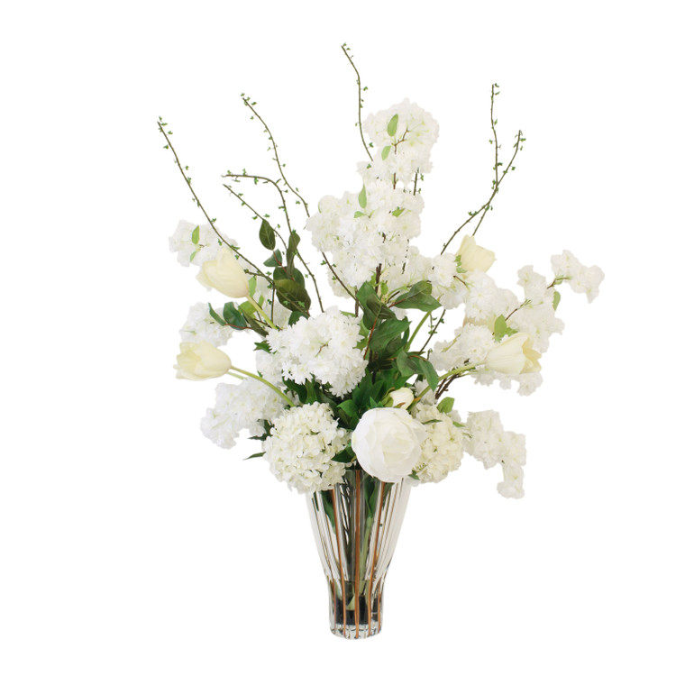 White Cherry Blossom, Hydrangea And Peony In Clear Vase