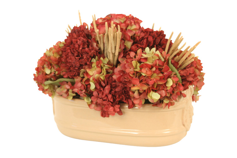 Burgundy Green Hydranges Mixed with Dried Millet and Foliage in Beige Planter