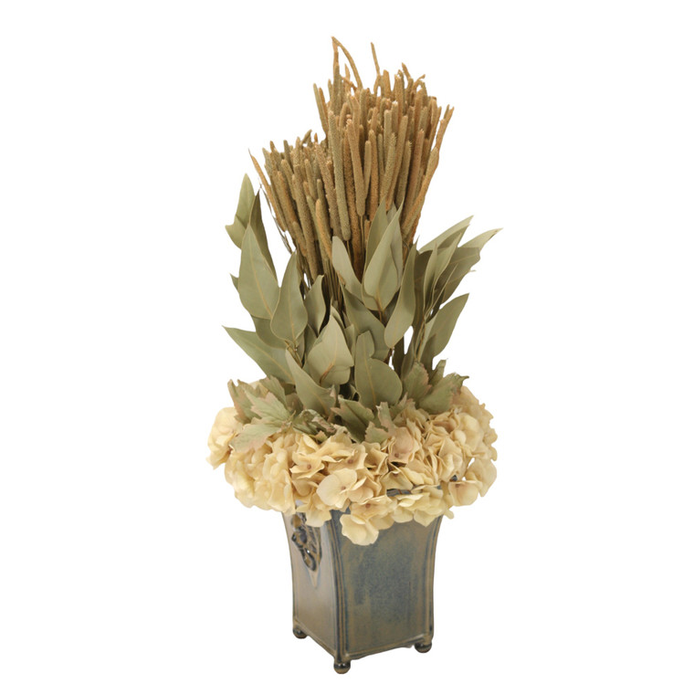Hydrangeas with Eucalyptus and Millet in Planter