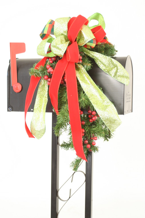 Pine Mailbox Decoration with Burgundy Berries and Christmas Mixed Ribbon
