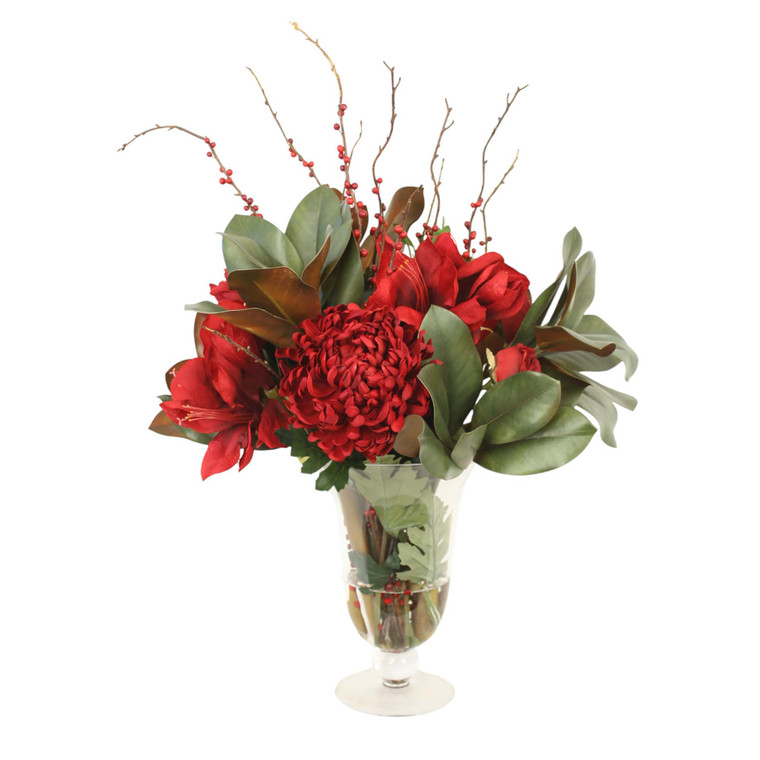 Mixed Garden with Red Roses, Mums, Amaryllis in Flared Glass Vase