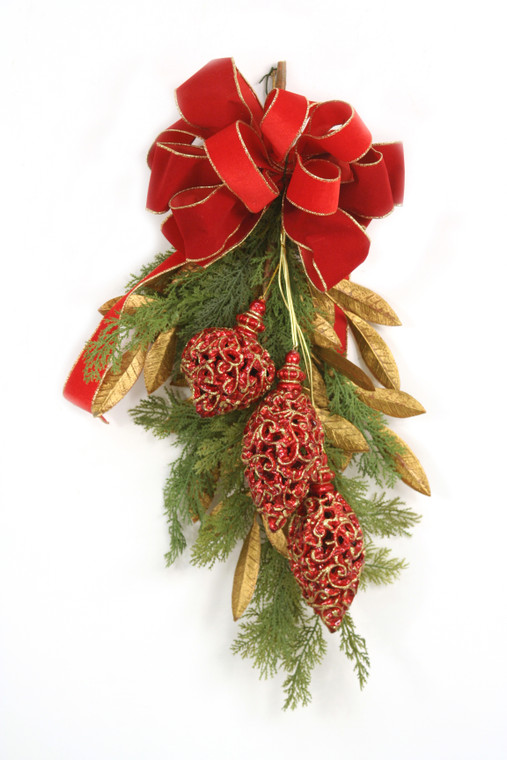 Christmas Swag With Red Christmas Orn and Red Velvet Ribbon