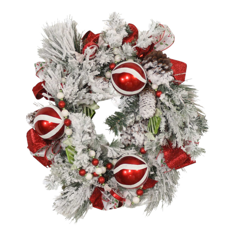 Snow Pine Wreath with Red and White Striped Ornaments and Ribbon