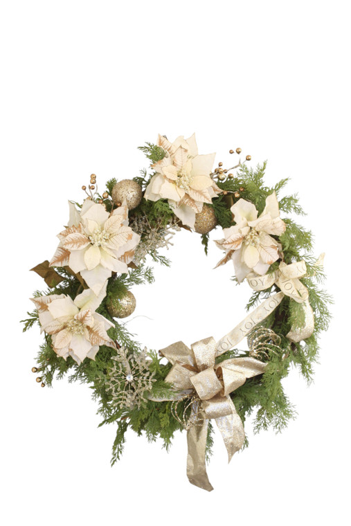Cedar Wreath with White-Gold Poinsettias and Champagne Ornaments Chamagne Ribbon