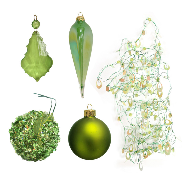 14 Piece Assortment of Green Holiday Shaped Ornament