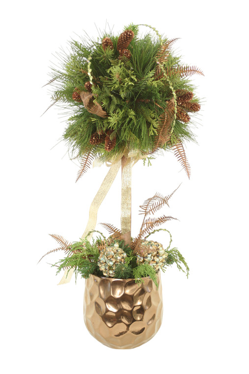Pine Topiary with Accents of Green & Gold in Gold Planter