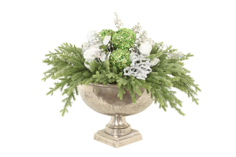 Pine Stems with Silver Accents in Pedestal Bowl