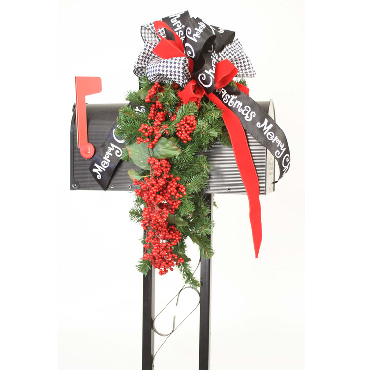 Mailbox Garland Adorned with Red Berries and Black and White Ribbons