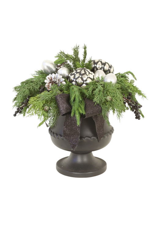 Mixed Cedar and Pine with Black and Silver Ornaments and Black Berries, Pine Cones in Black Urn