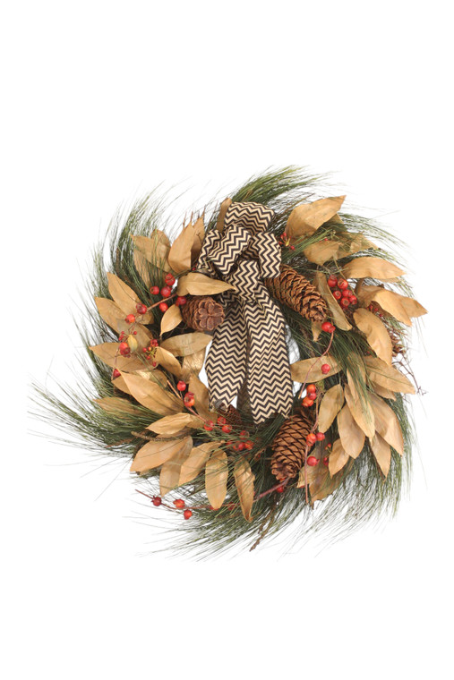 Long Needle Pine Wreath Crab Apples, Natural Leaves, Pine Cones with Burlap Chevron Ribbon