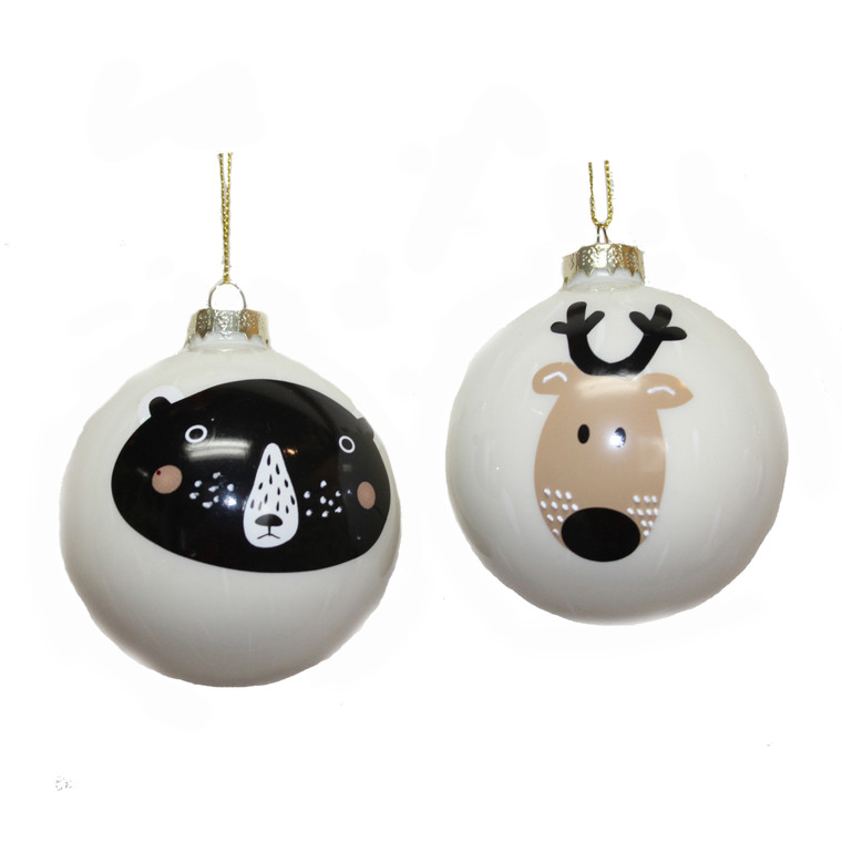 Designer Ornament Group featuring White Glass Ornaments with Black Bear and Deer Head