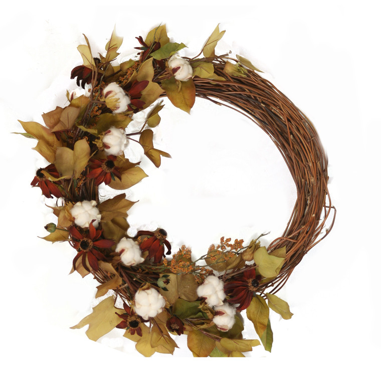 22" Fall Wreath with Cotton and Flowers